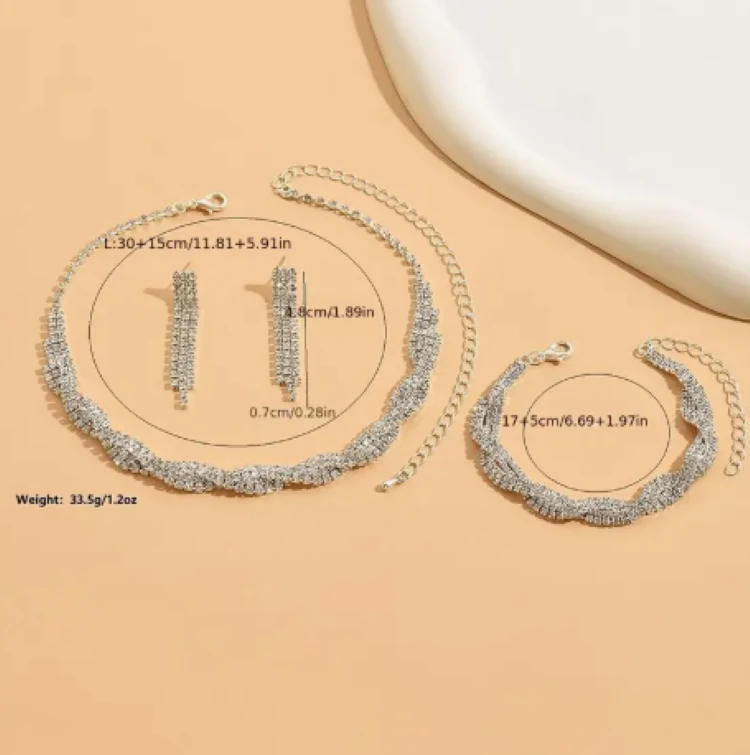 Zirkon Taşlı Dalgalı Tasarım Düğün & Davet Takı Seti (Kolye, Küpe, Bileklik)