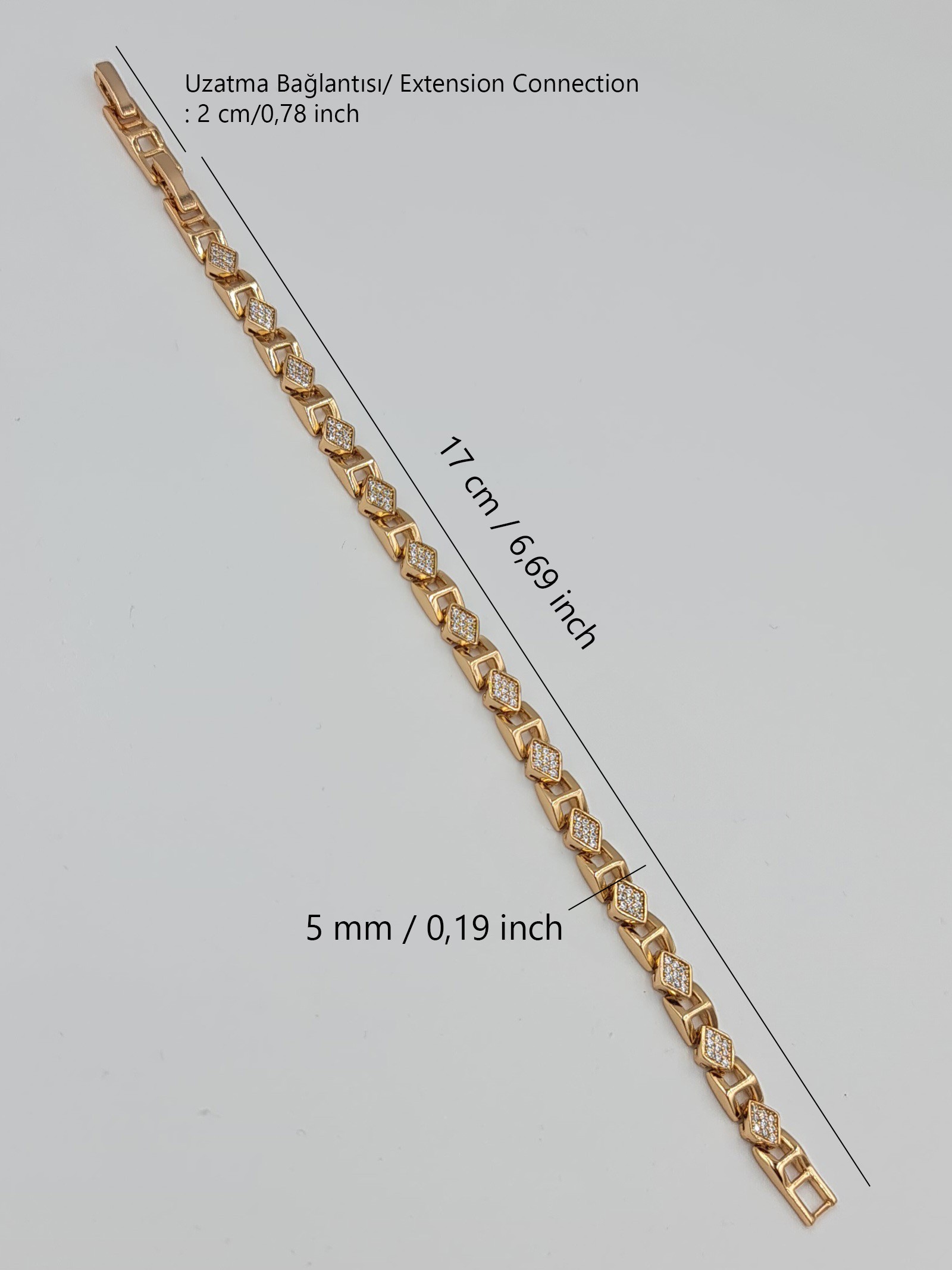 VIP Xuping 18K Kaplama Rose Taş Detaylı Klipsli Bileklik – Kararmaz, Uzatma Klipsli 17+2 cm (5 mm)