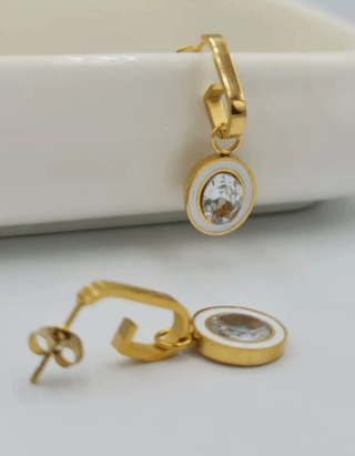 Zirkon Taş Detaylı Altın Renk Sallantılı Halka Küpe – Çelik, 3 cm, Kararmaz, Şık Model