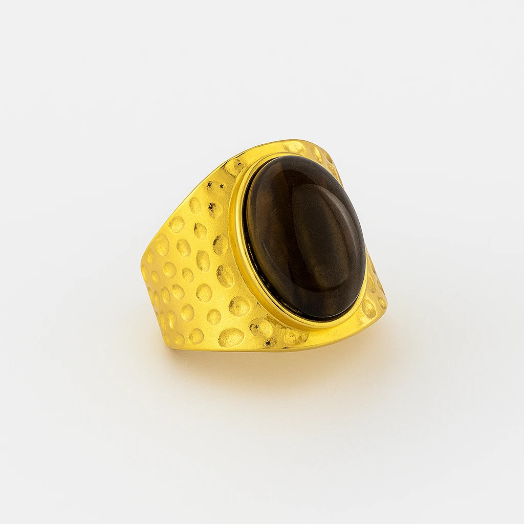 Kaplan Gözü Taşlı Geniş Form Çelik Ayarlanabilir Yüzük