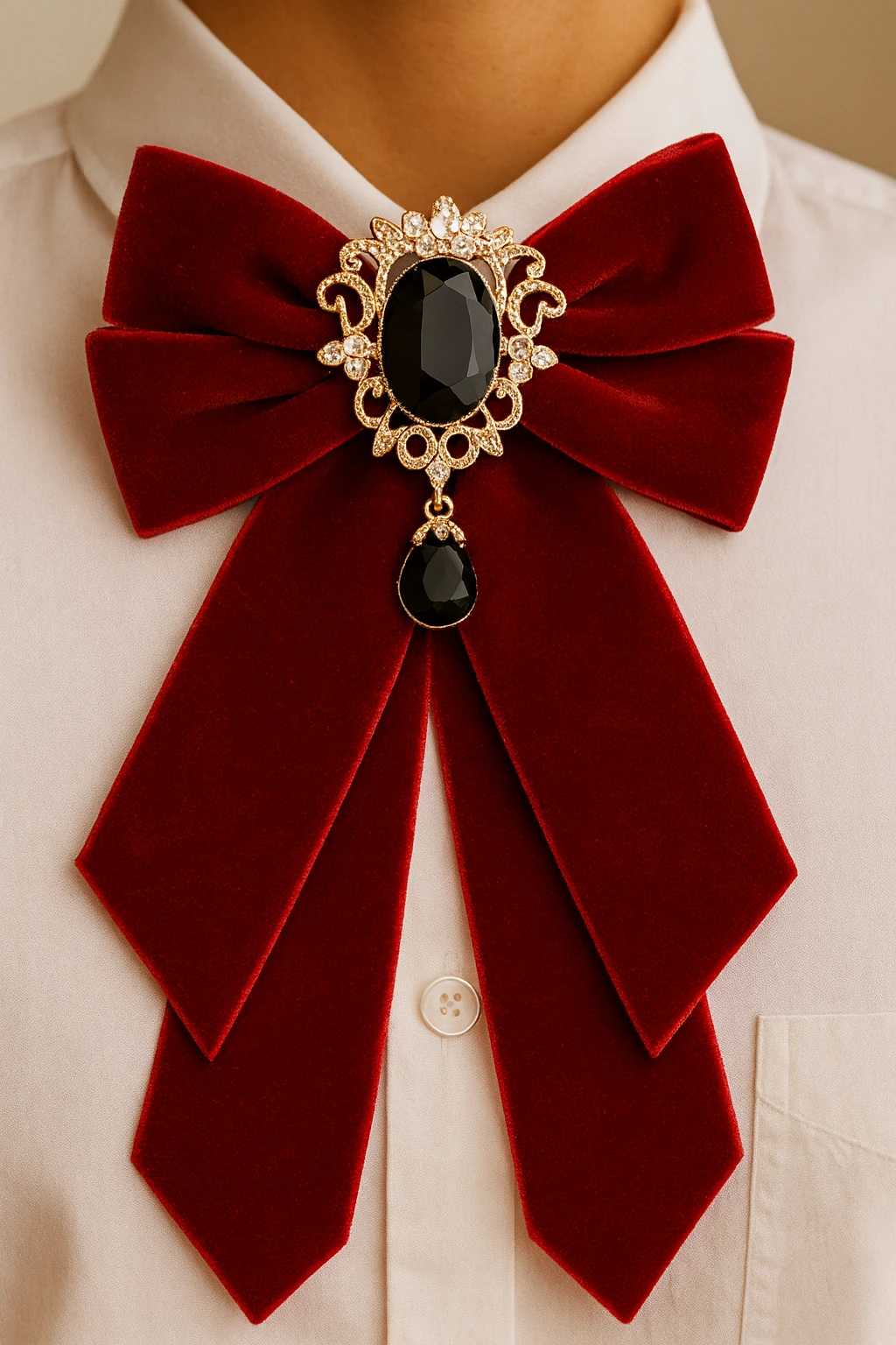 Kadife Kumaşlı Taş Detaylı Bordo Fiyonk Yaka Broş