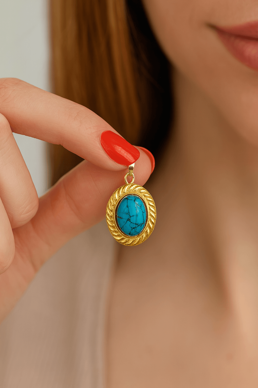 Çelik Oval Turkuaz Kolye Ucu – Vintage Stil