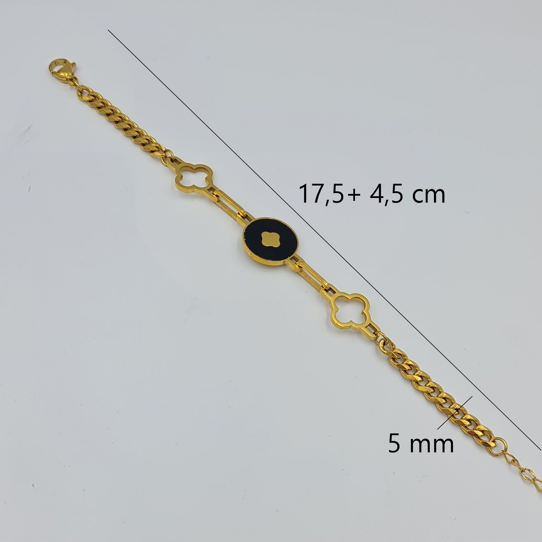 Gold Renk Siyah Detaylı Çelik Çiçek Bileklik – Ayarlanabilir, 17.5+4.5 cm
