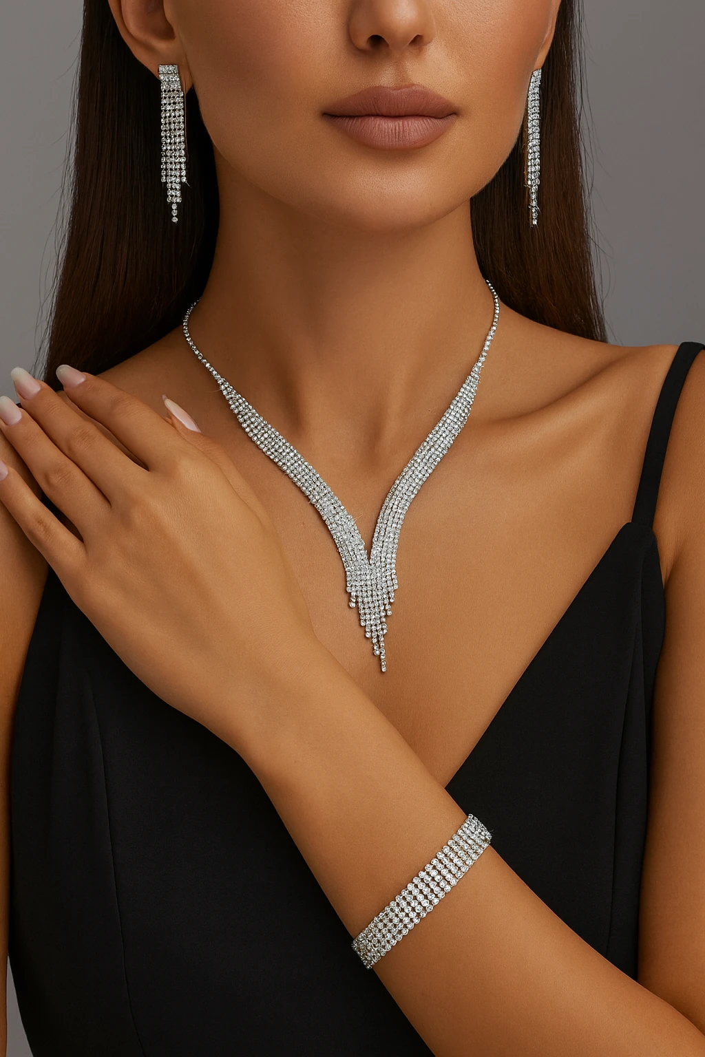 Düğün ve Davetlere Özel Üçlü Taşlı Takı Seti – Kolye, Küpe, Bileklik