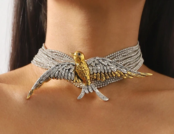 Gümüş Özel Tasarım Su Yolu Kuş Detaylı Choker Kolye