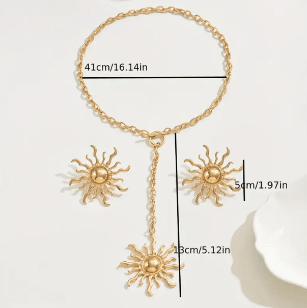 Gold Dekolte Güneş Kolye Küpe Set Şık Kadın Kolye Küpe Set