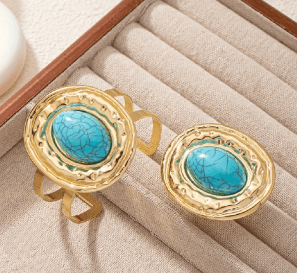 Kadın Gold Turkuaz Taşlı Takı Seti – Ayarlanabilir Kelepçe Bileklik ve Oval Yüzük – Vintage Boho Stil