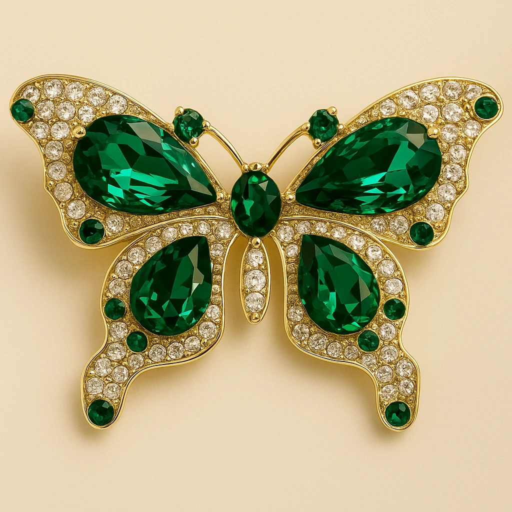 Zümrüt Yeşili Taşlı Kelebek Broş – Gold Renk