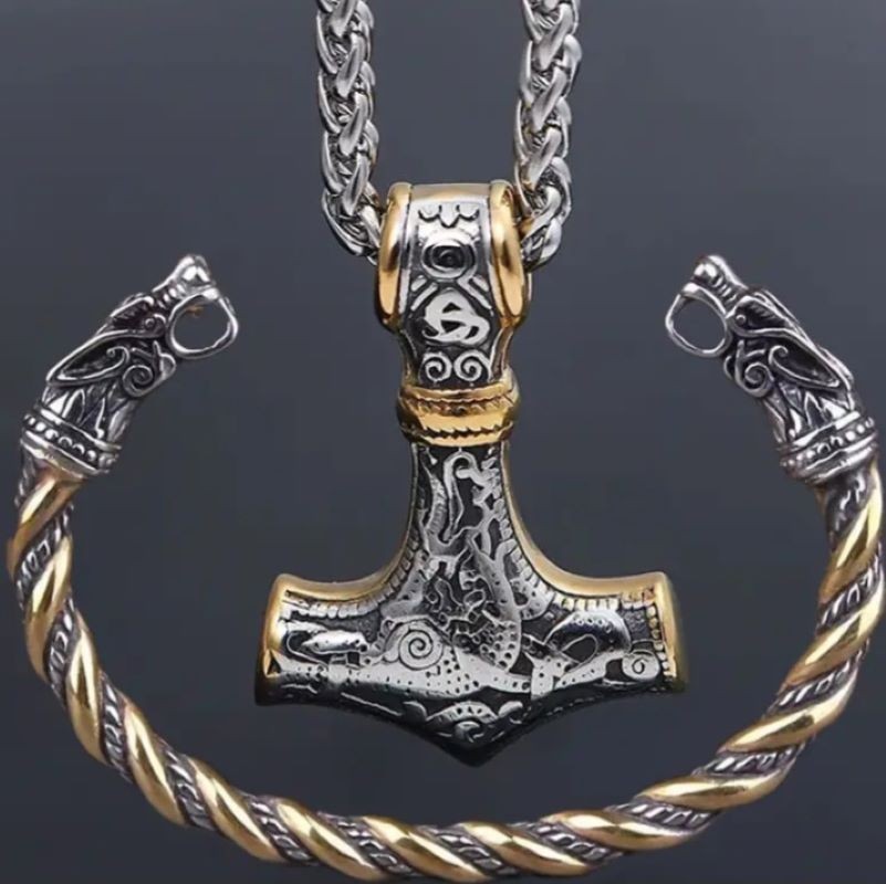 Viking Vintage Kurt Kafası Erkek Kolye Bileklik Set