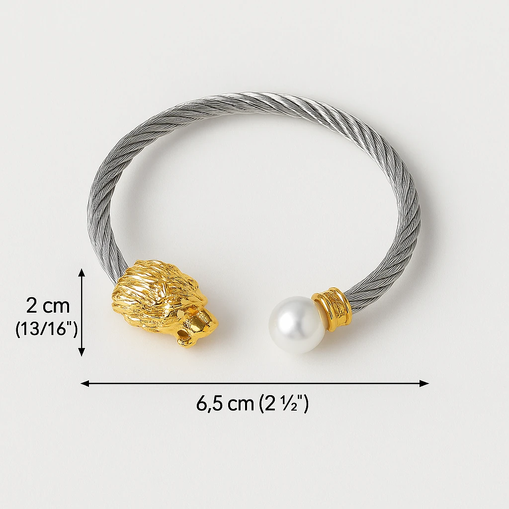 Çelik Aslan Figürlü İnci Detaylı Çelik Kelepçe Bileklik