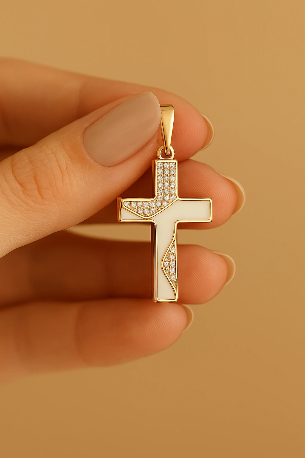 Rose Renk Xuping Çelik Çapraz Haç Kolye Ucu – Sedef & Taş Detaylı