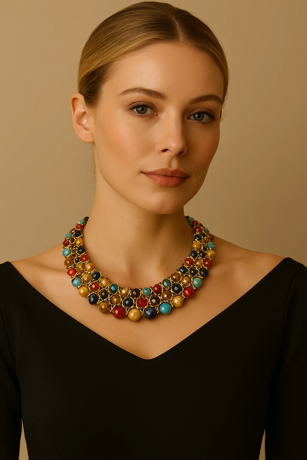 Şık Çok Renkli Taş Detaylı Altın Kaplama Gösterişli Kolye