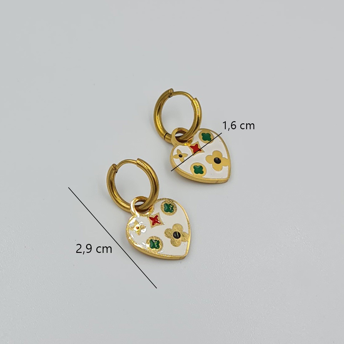 Renkli Mineli Kalp Figürlü Gold Halka Küpe – Çelik, 2.9 cm, Kararmaz, Sallantılı