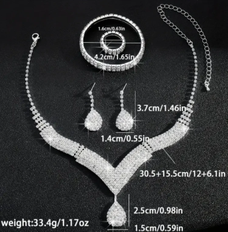 Zirkon Taşlı Damla Model Gelin Düğün & Davet Takı Seti (Kolye, Küpe, Bileklik, Yüzük)