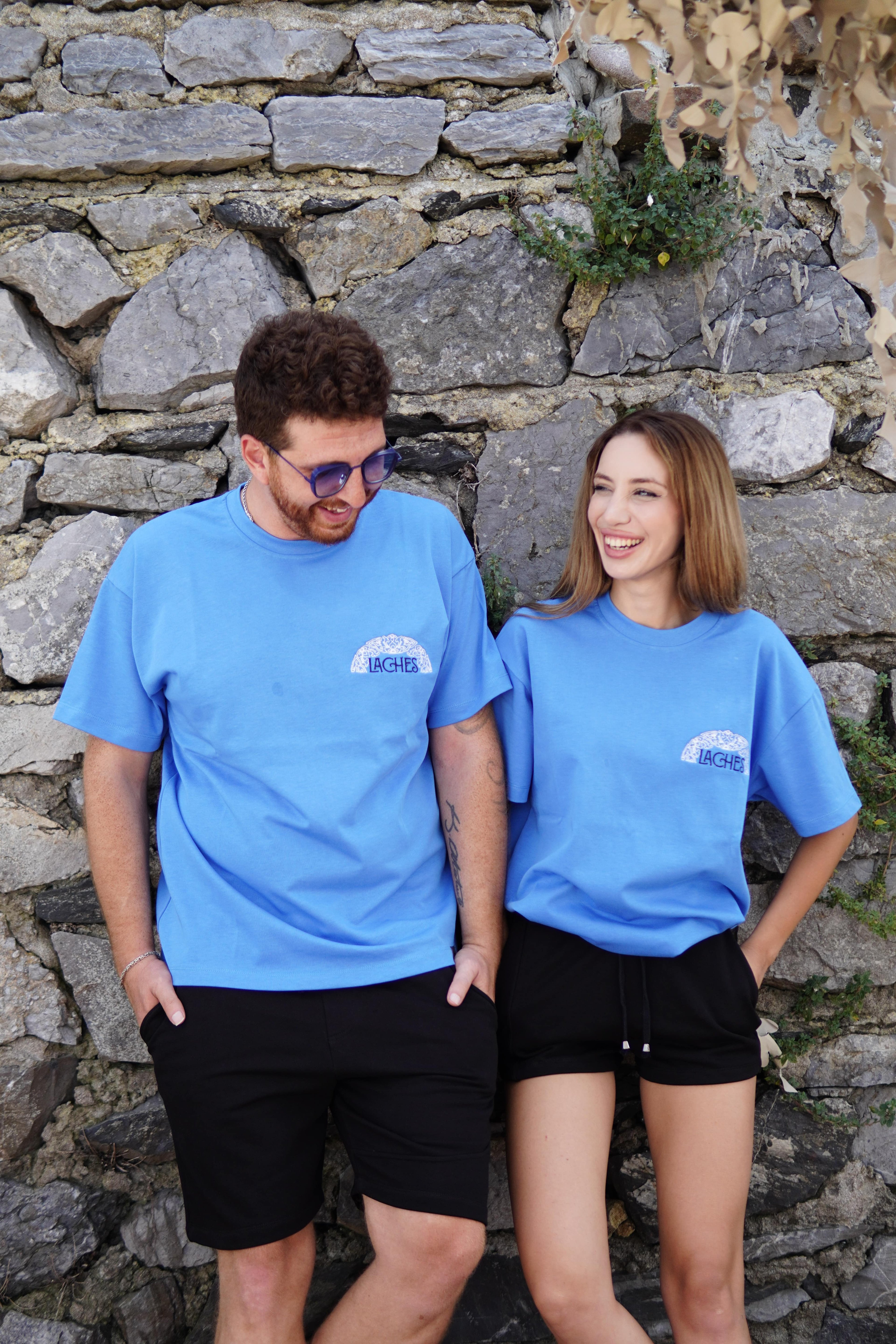 Quarter - Unisex Oversize Nakışlı T-Shirt - Mavi