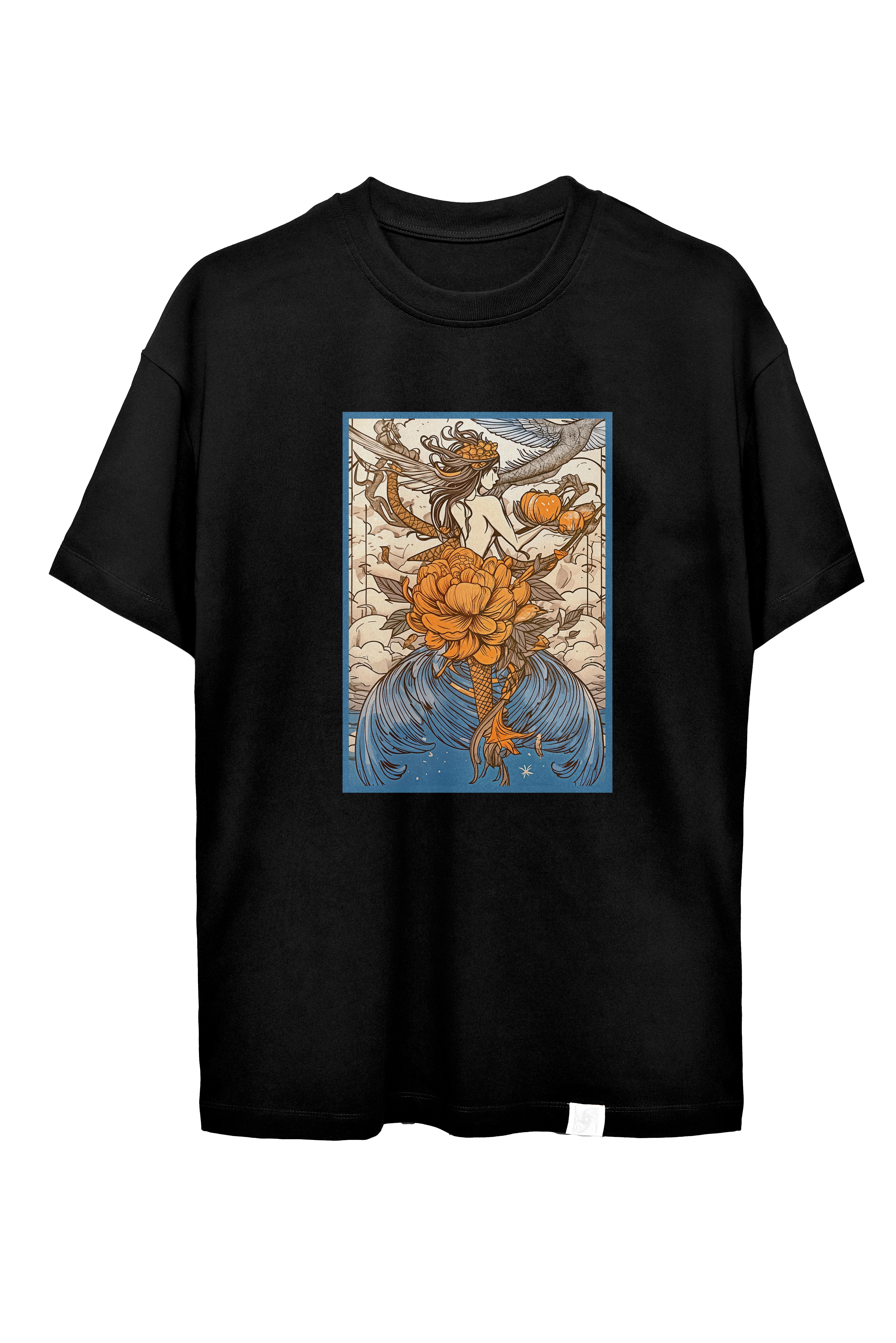 Mermaid - Unisex Oversize Baskılı T-Shirt - Siyah