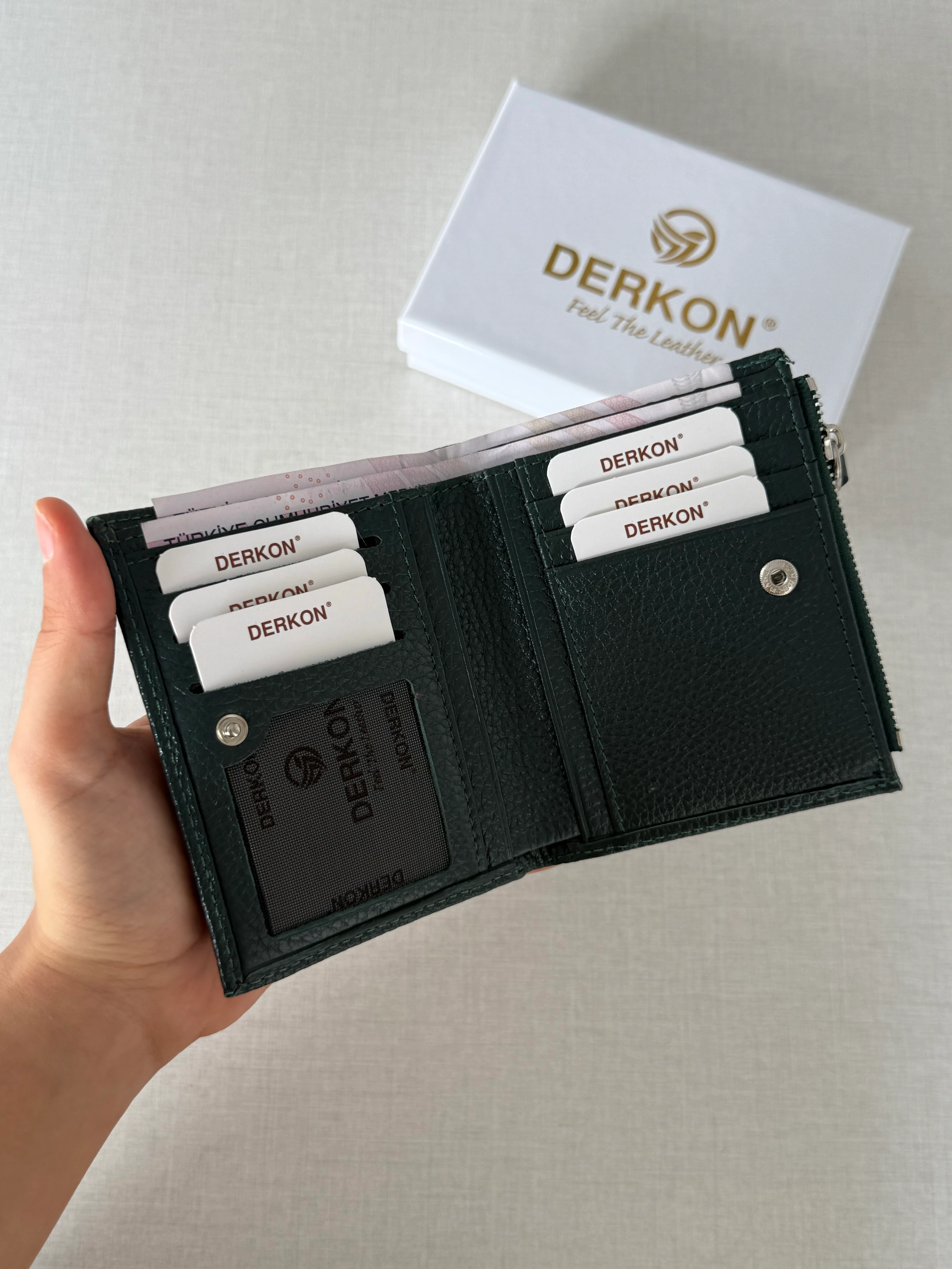 Her Çantaya Sığabilecek Ufak Bol Kartlık Bölmeli Hakiki Deri Bayan Cüzdanı Yuhan Model - YEŞİL