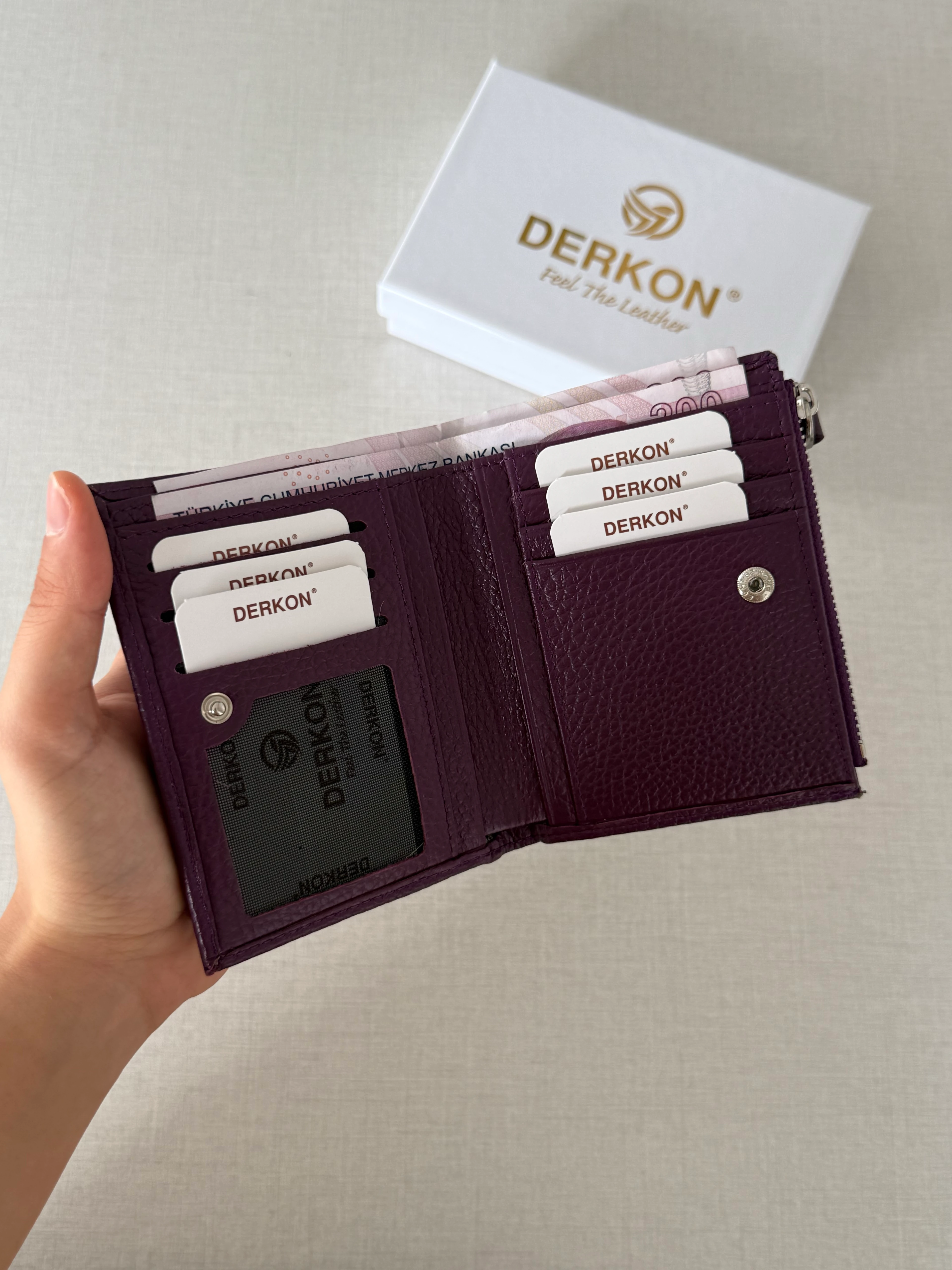 Her Çantaya Sığabilecek Ufak Bol Kartlık Bölmeli Hakiki Deri Bayan Cüzdanı Yuhan Model - MOR