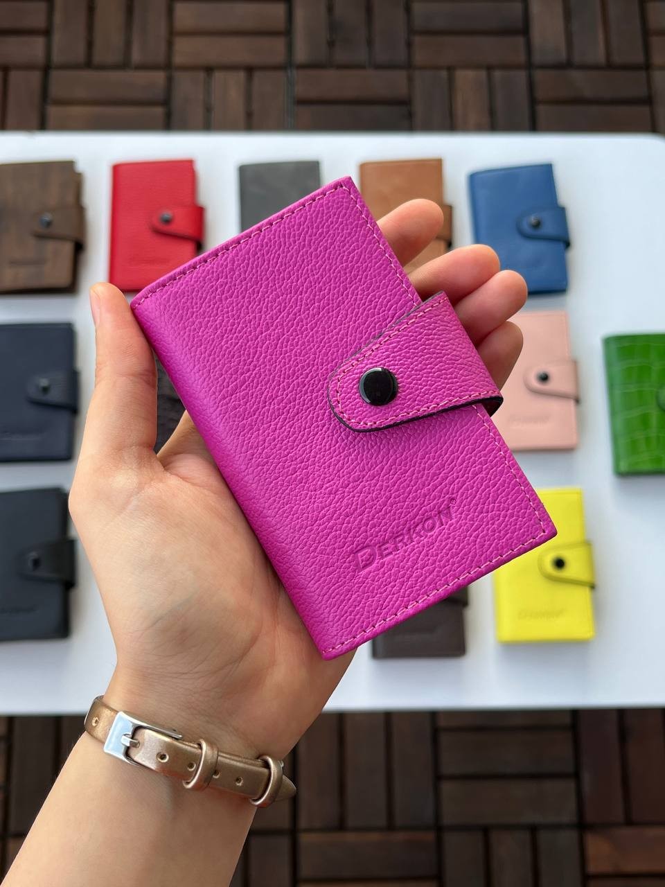 %100 Hakiki Deri Akordiyon Kartlık - PEMBE