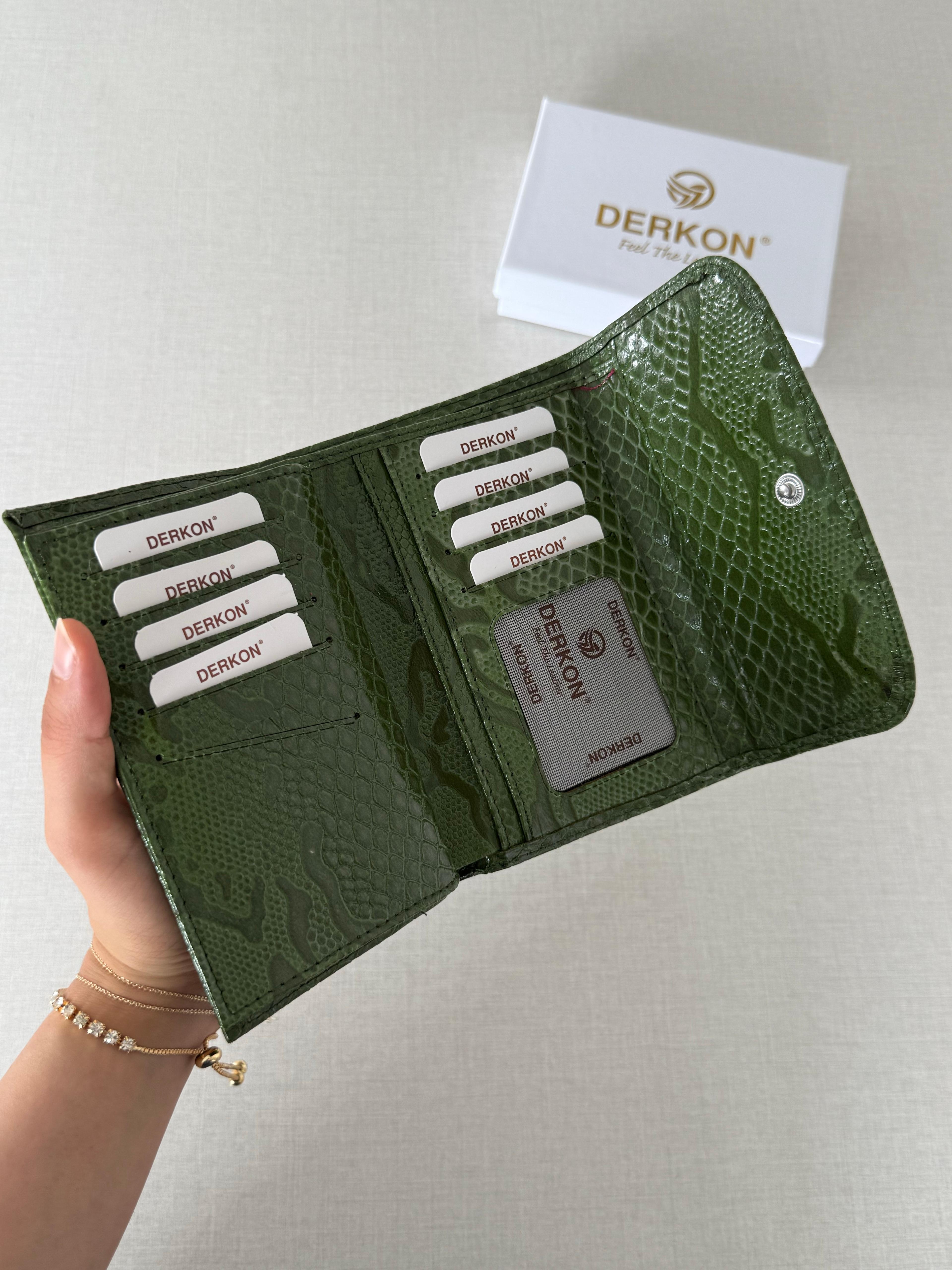 Timsah Desenli Orta Boy Hakiki Deri Kadın Cüzdanı - YEŞİL