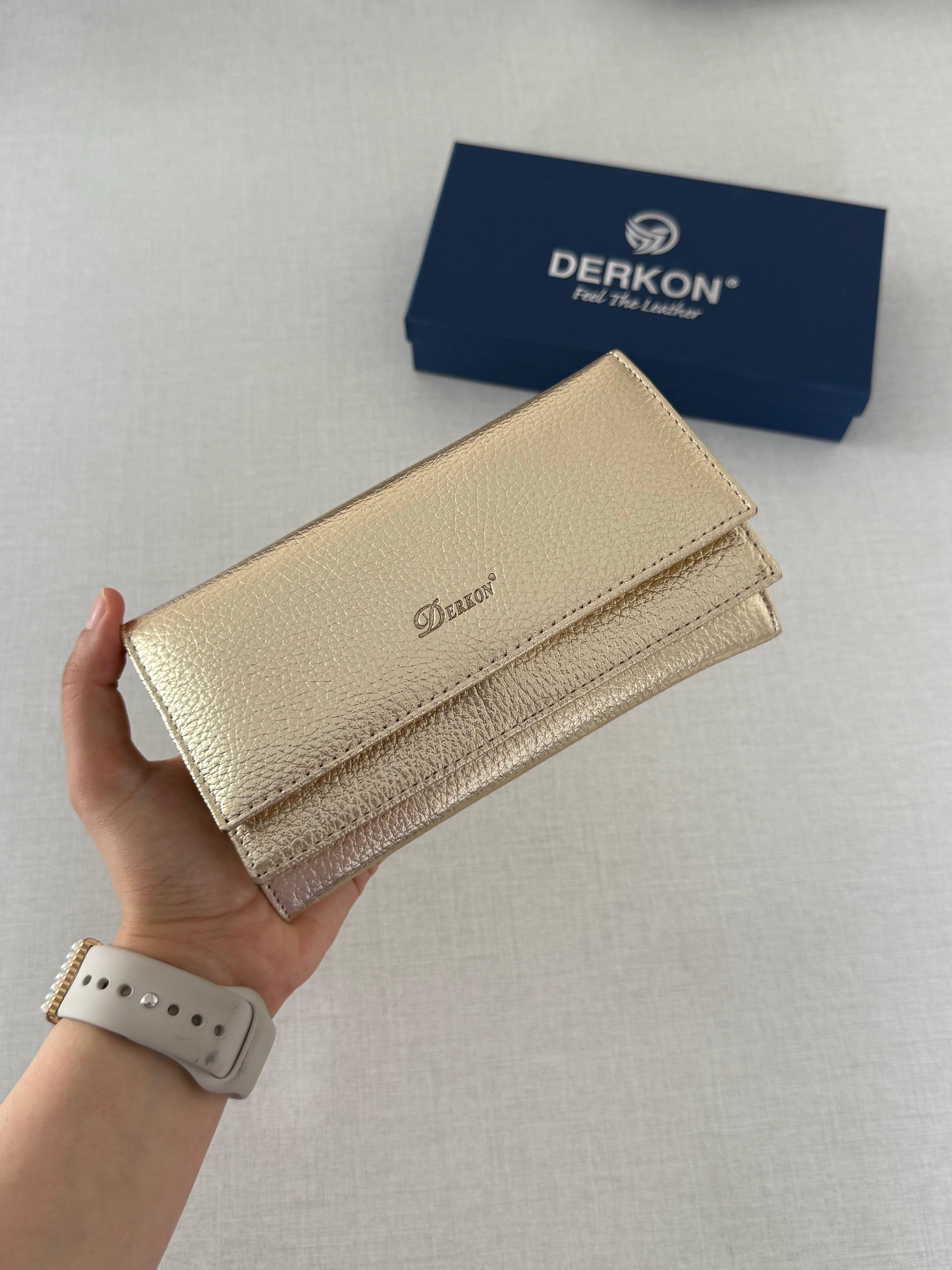 Çift Kapaklı %100 Hakiki Deri Kadın Cüzdanı  - GOLD RENK