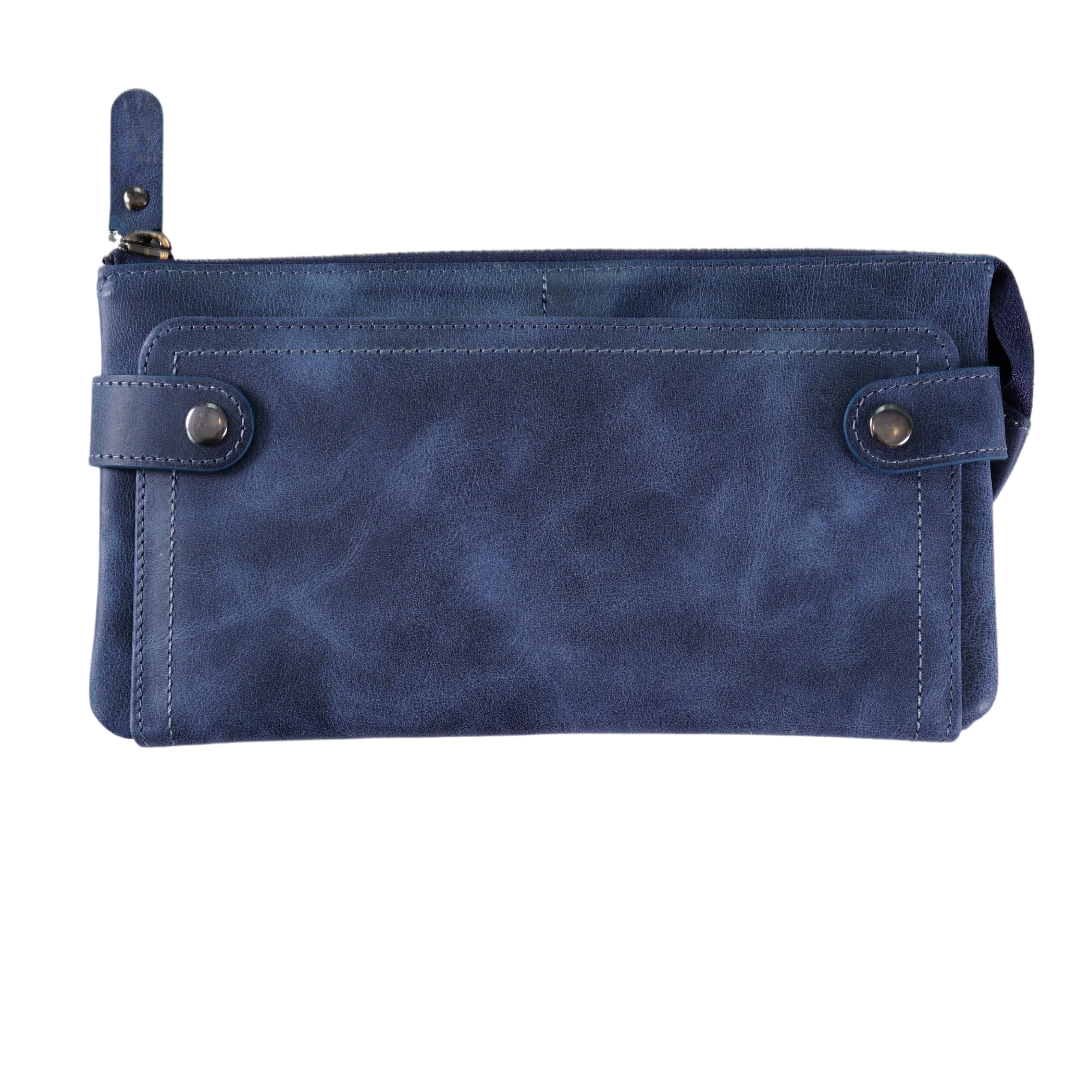 Genuine Leather Phone Compartment Handle Roman Wallet Unisex - Blue