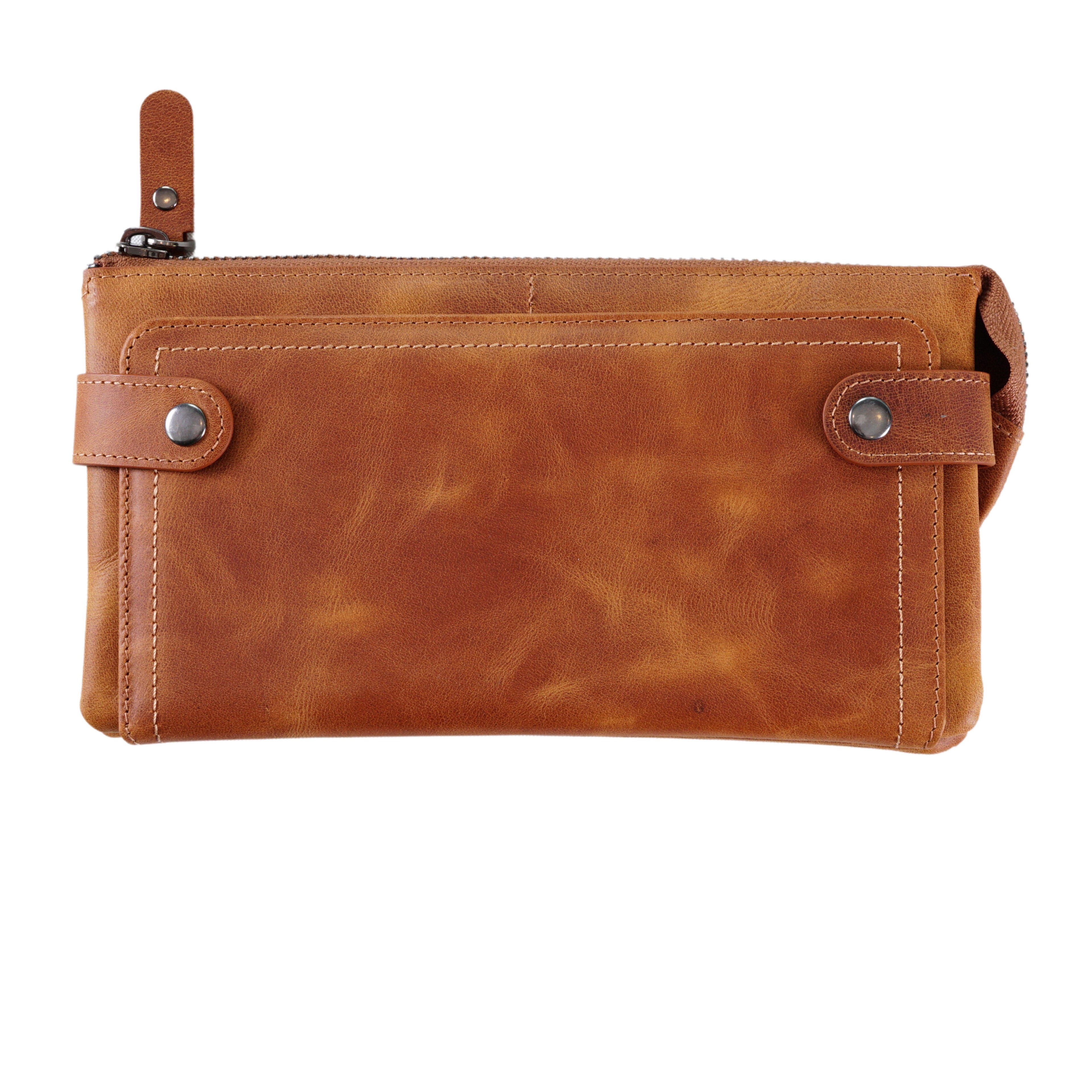 Genuine Leather Phone Compartment Handle Roman Wallet Unisex - Tan