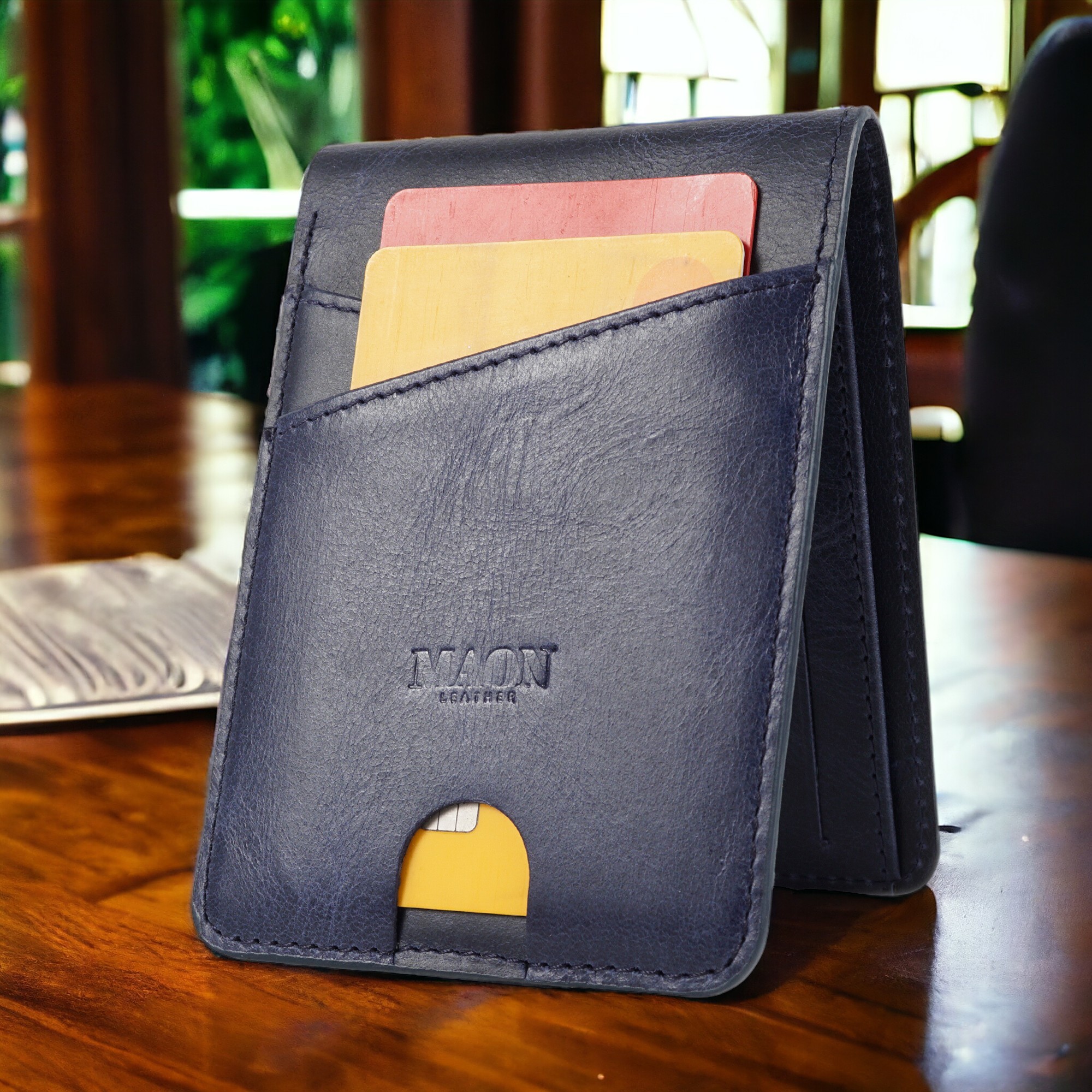 Genuine Leather Minimal Slim and Thin Wallet - Navy blue
