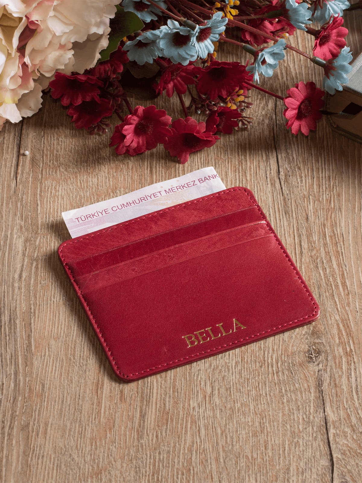 Customizable Genuine Leather Card Holder Enna - Red