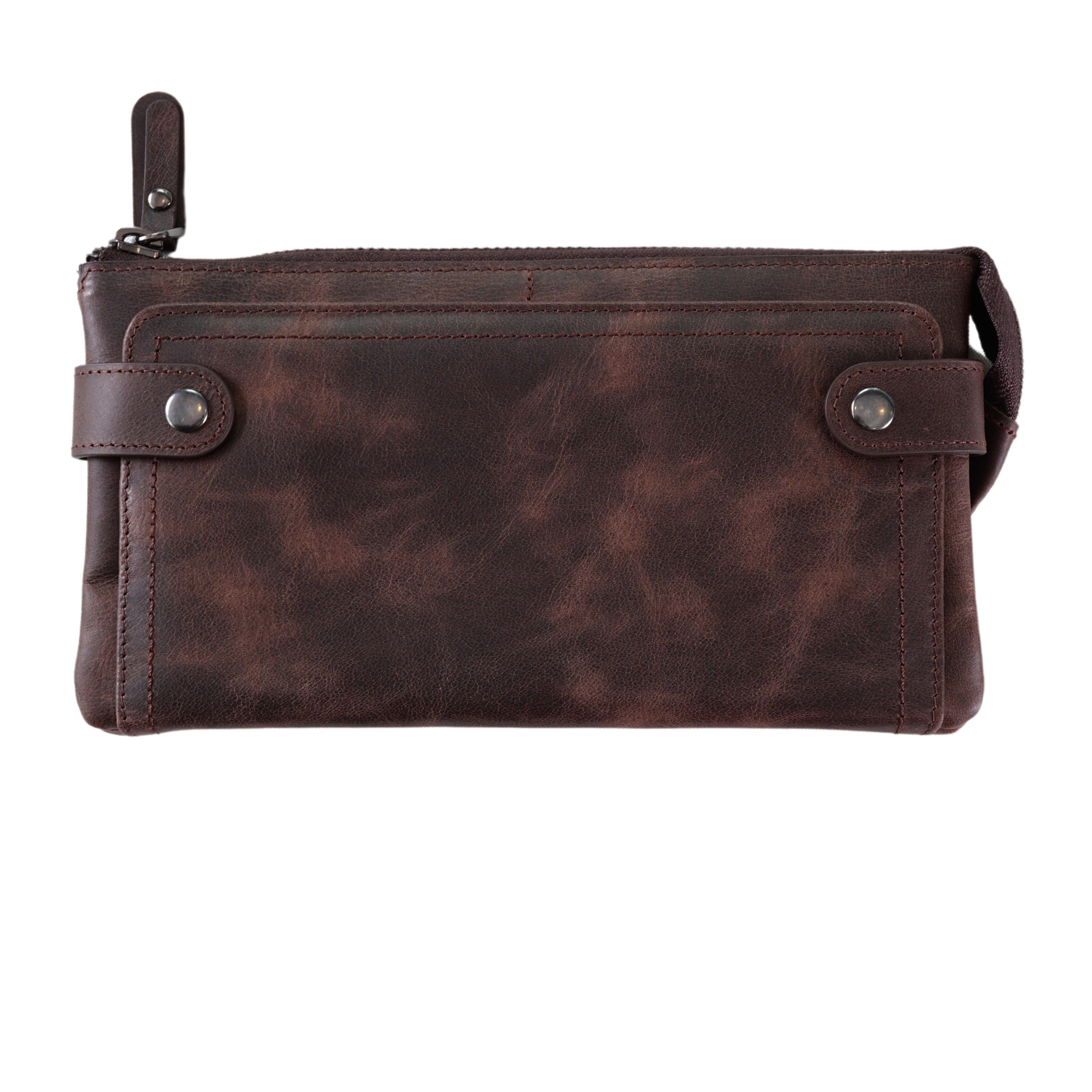 Genuine Leather Phone Compartment Handle Roman Wallet Unisex - Brown