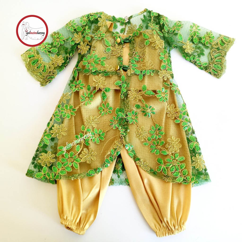 Gelincimherşey  Tel Kırma içi Saten Şalvar Bustiyer Nakışlı Kız Çocuk İçin Bindallı Kostüm - Yeşil