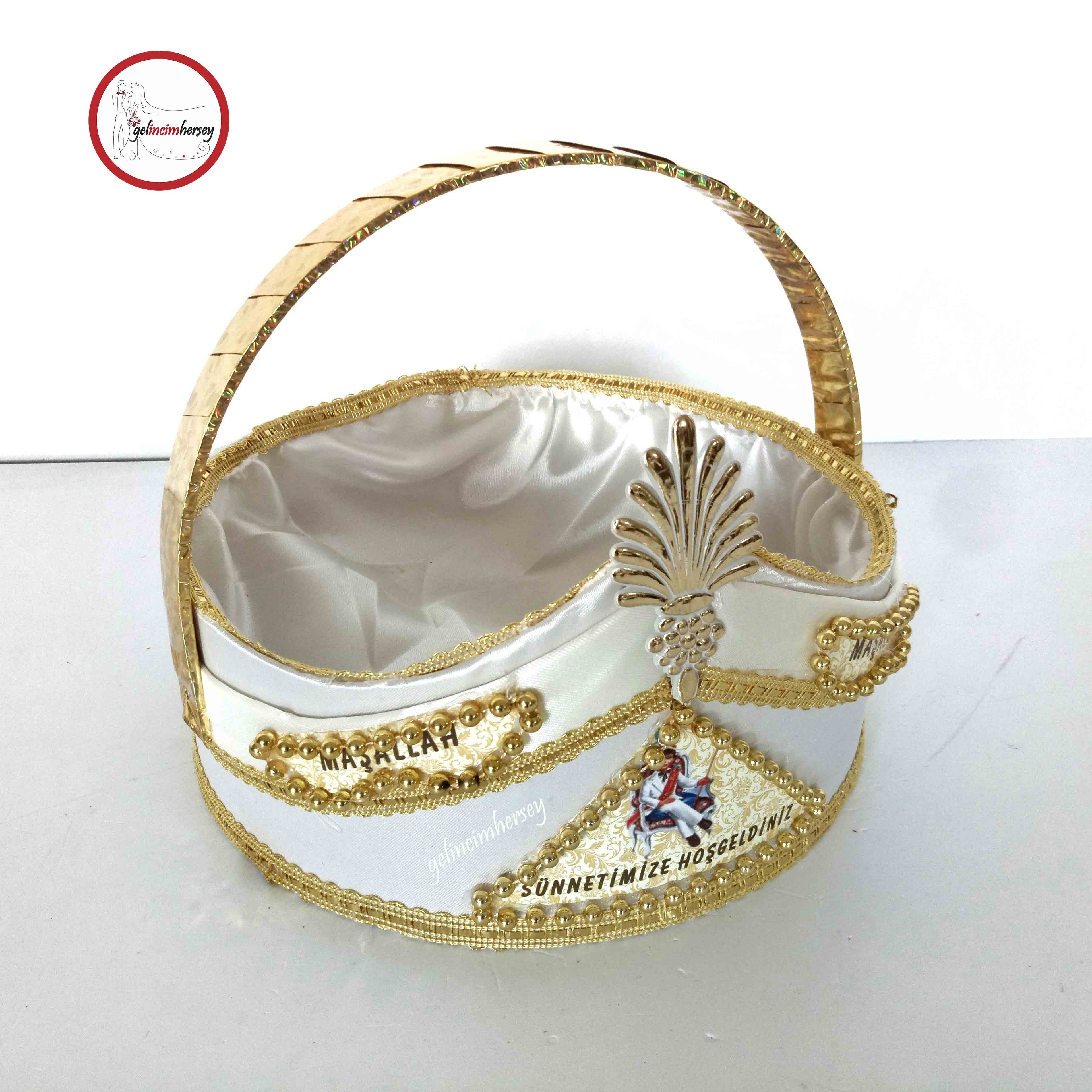 Gelincimherşey Beyaz Hediyelik Sünnet Şapka Şeklinde Süslemeli Sepet - Gold