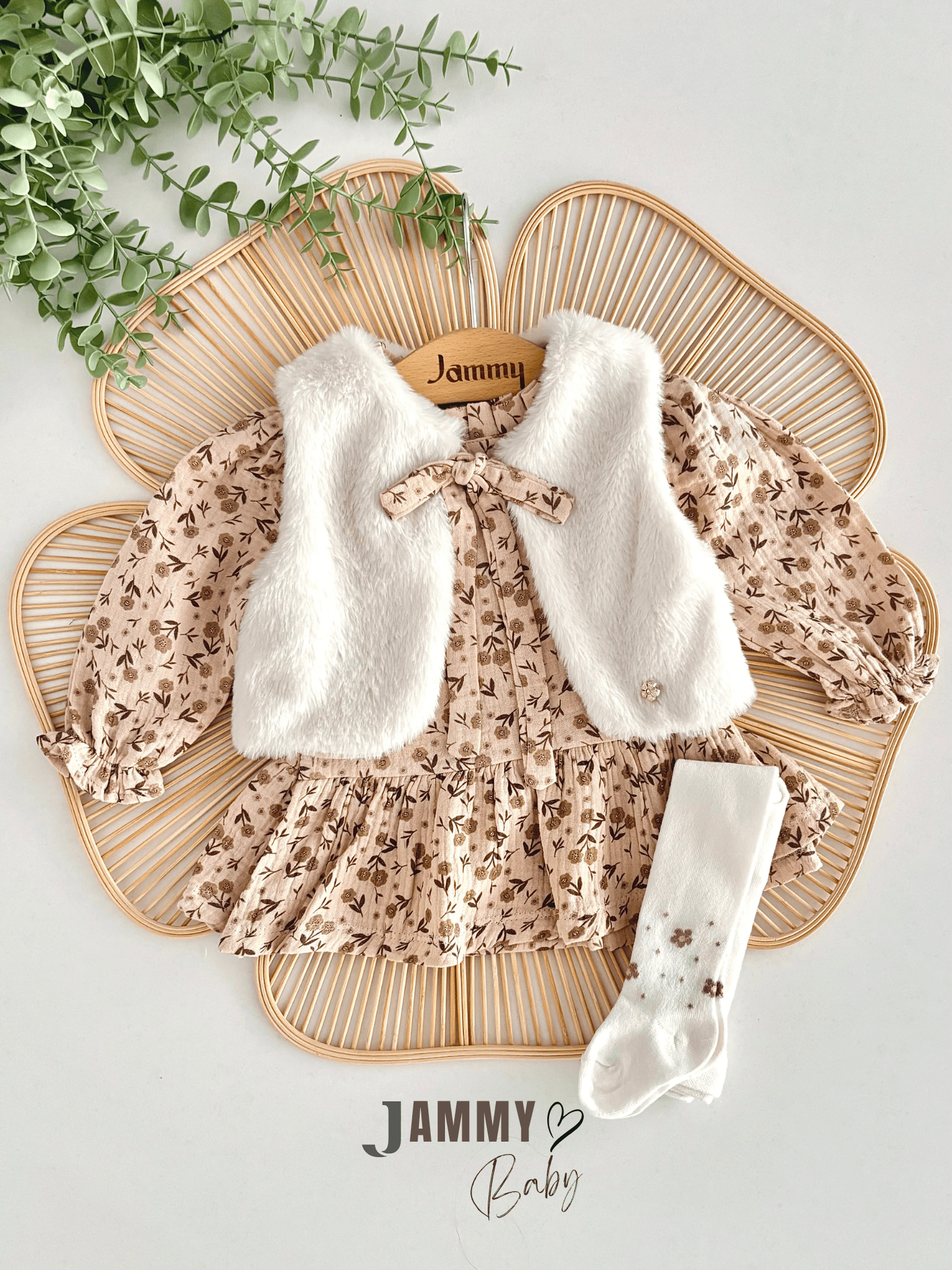 Çıtır Müslin Elbise Peluş Yelekli Çoraplı 3'lü Set-KAHVERENGİ