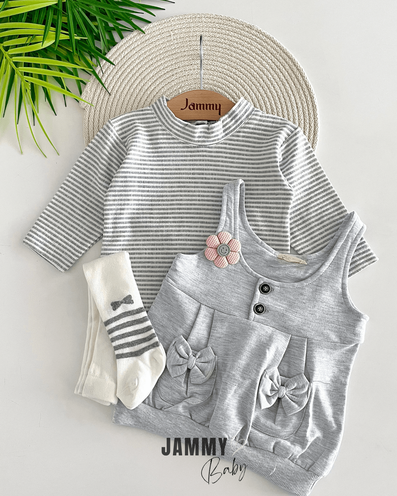 Papatyalı Fiyonk Cepli Elbise / Body ve Çorap Set-GRİ