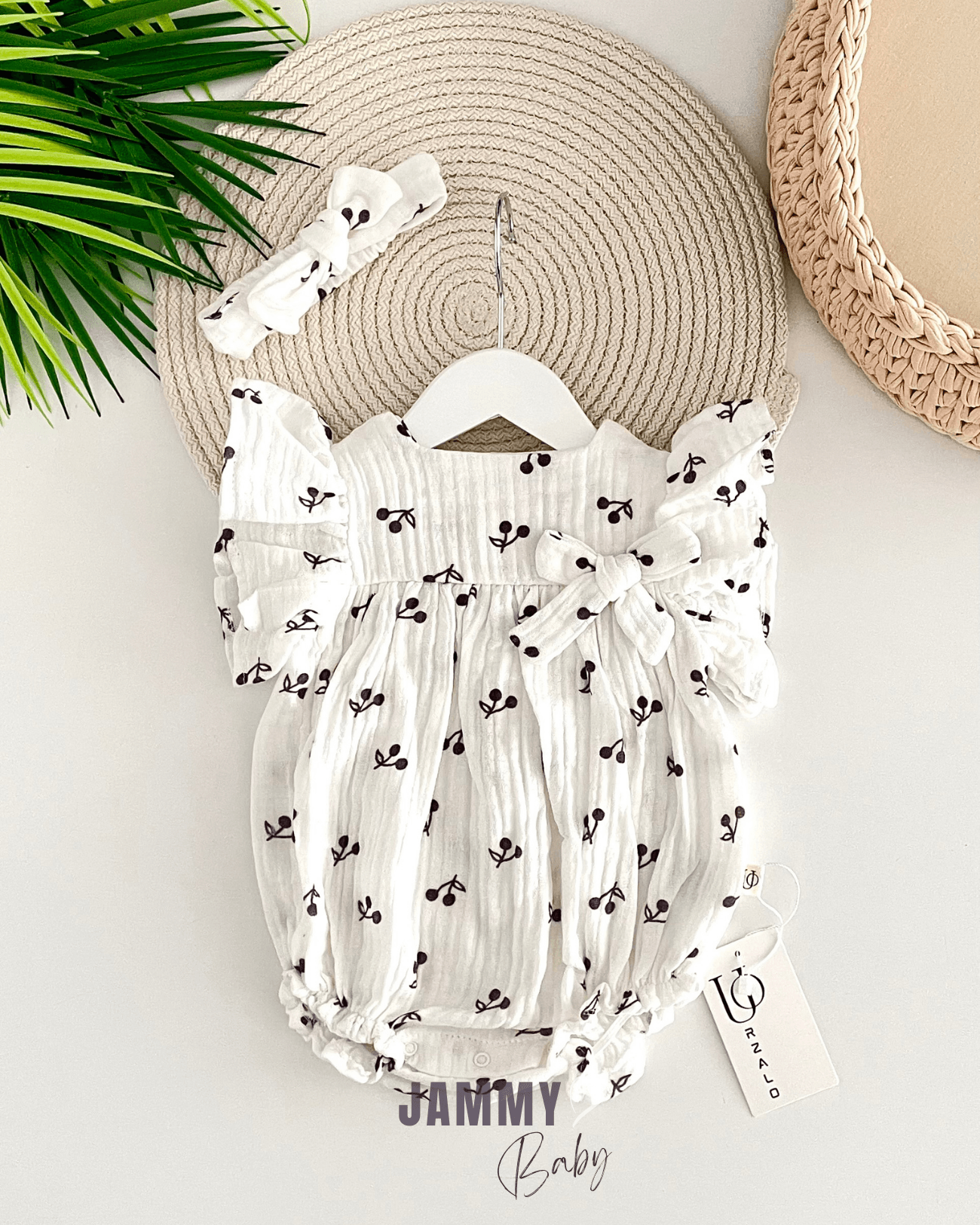 Kirazlı Müslin Bandanalı Romper Set-BEYAZ