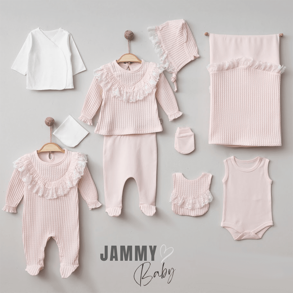 Rosa Jakarlı Dantelli 10 Parça Yenidoğan Set-PEMBE