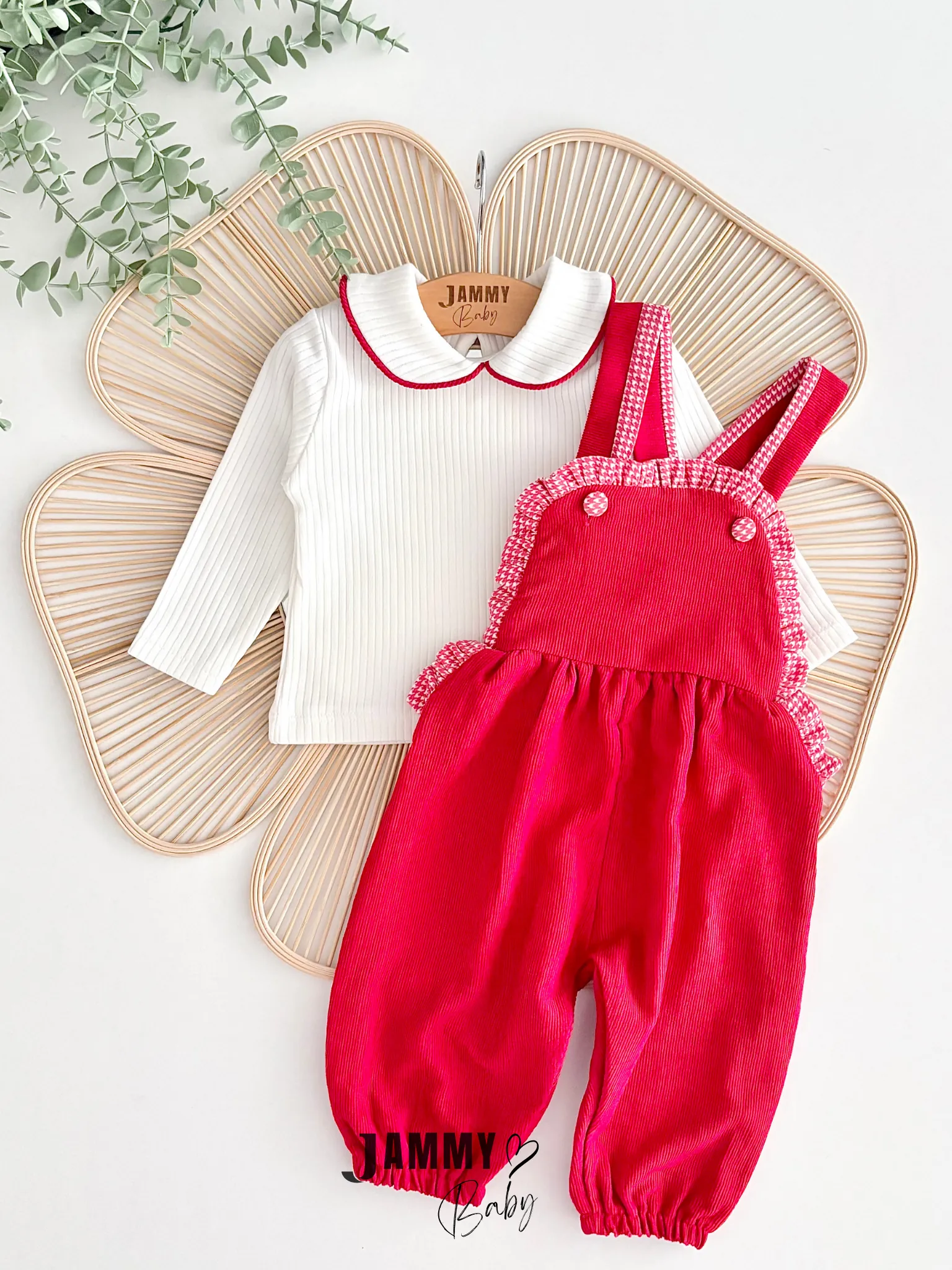 Fırfır Detaylı Kadife Salopet / Body Set-KIRMIZI