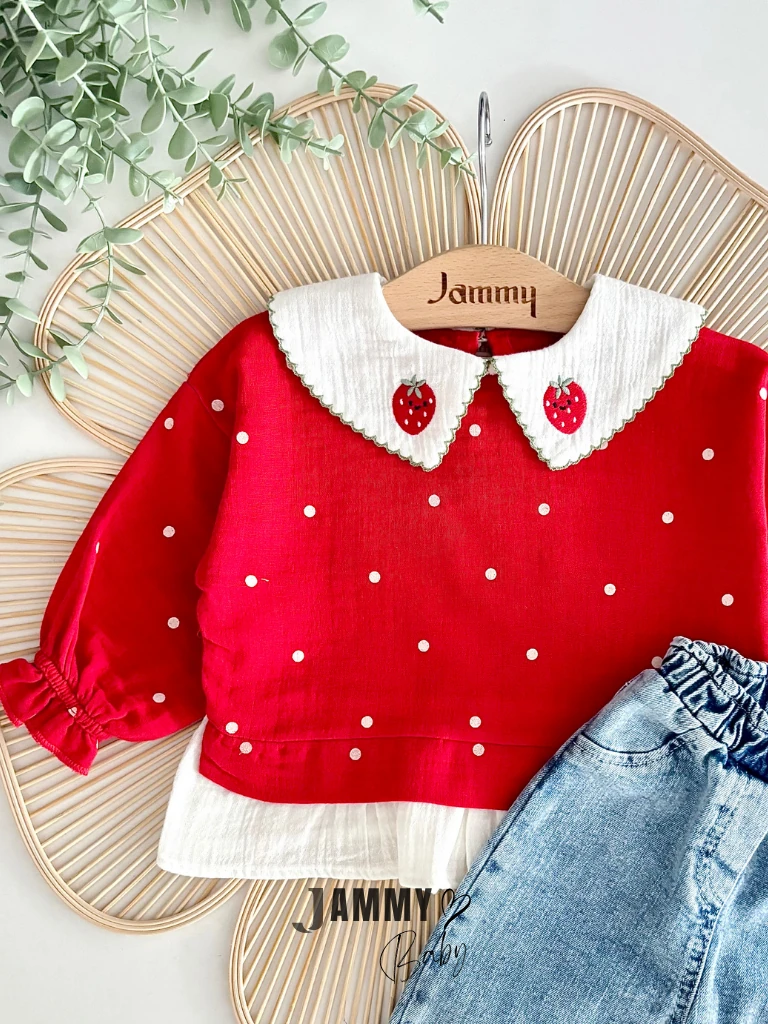 Puantiyeli Çilek Kot Pantolonlu Takım-KIRMIZI