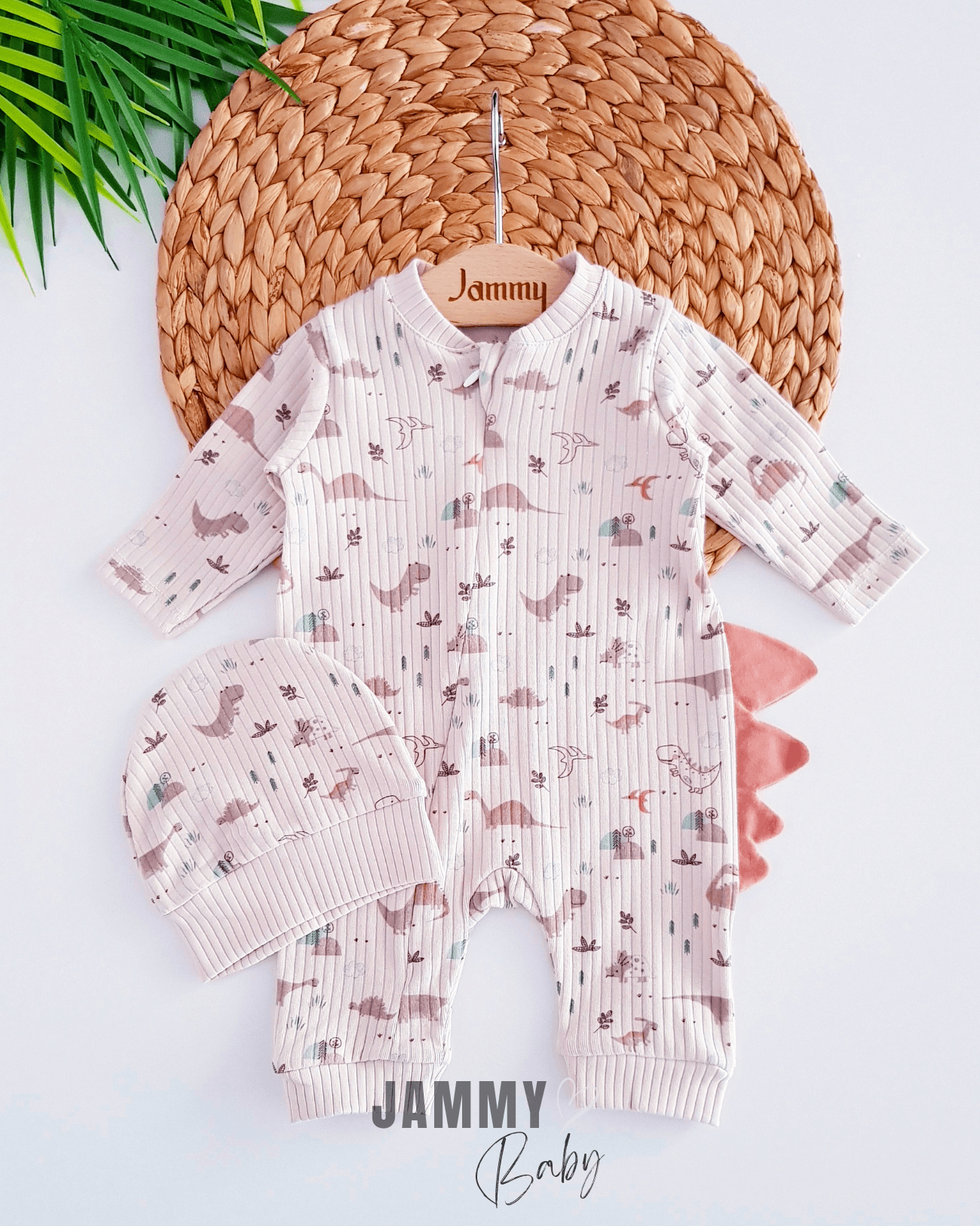 Dinozor Desen Fermuarlı Tulum Set-BEJ