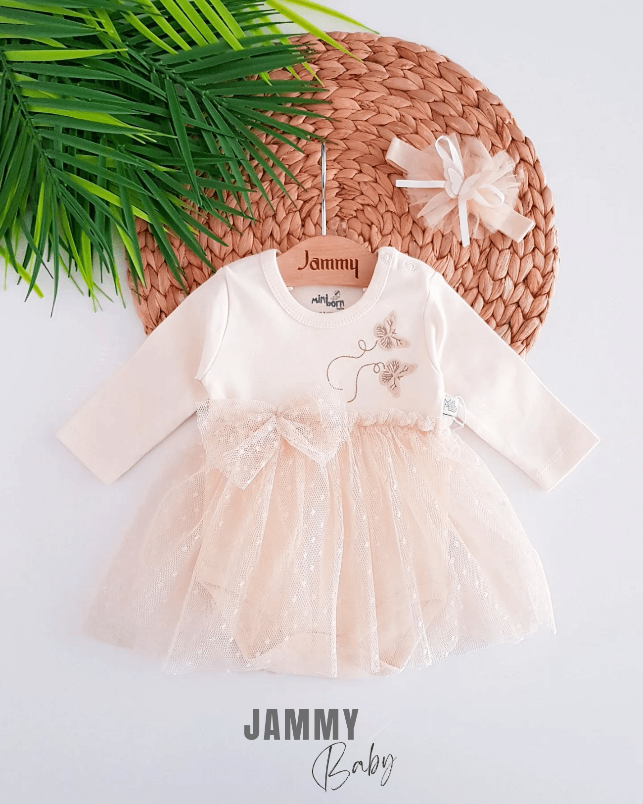 Butterfly İşlemeli Tüllü Bandanalı Elbise Set-KREM