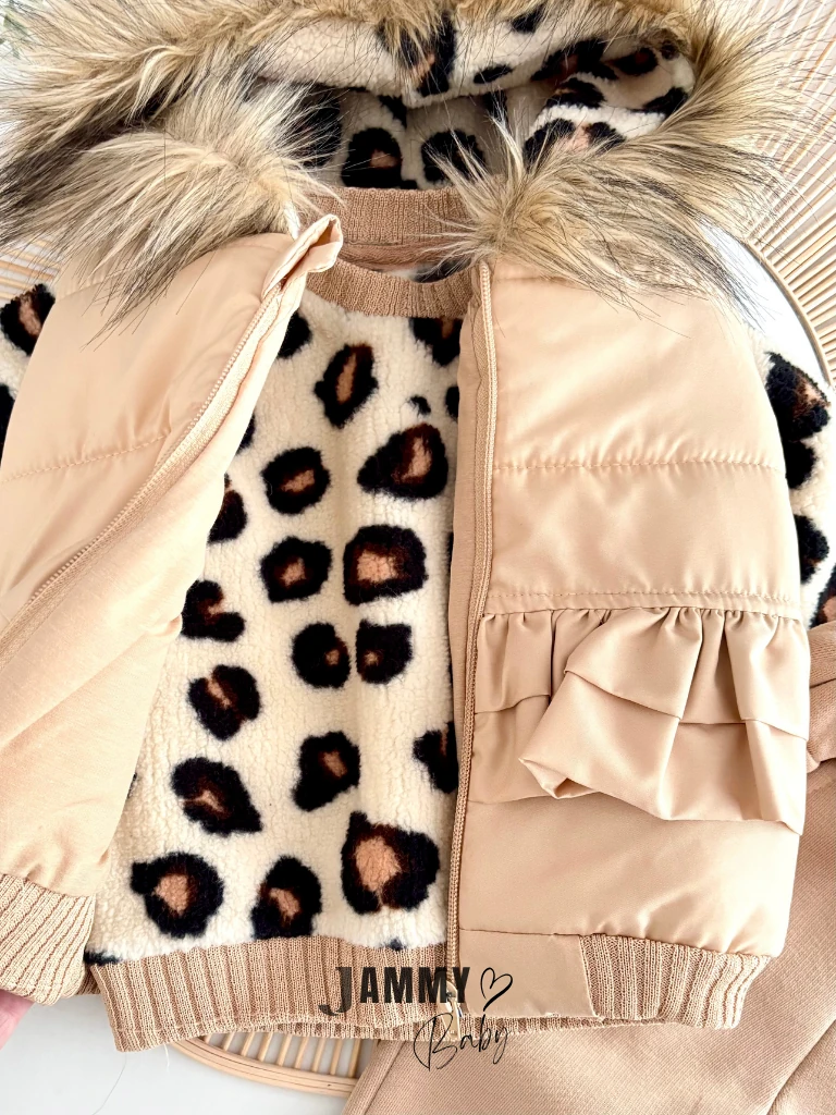 Pamela Leopar Şişme Yelekli 3'lü Takım-SÜTLÜ KAHVE