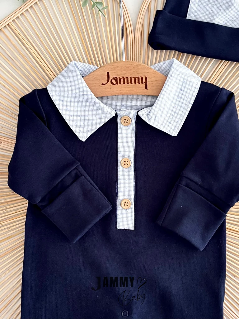 Pötikare Detaylı Kendinden Eldivenli Tulum Set-LACİVERT