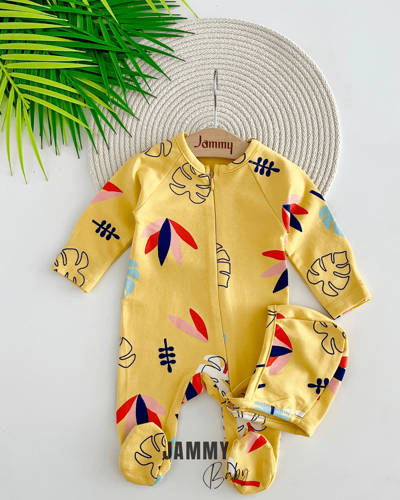 Austin Yaprak Desen Şapkalı Fermuarlı Tulum Set-YELLOW