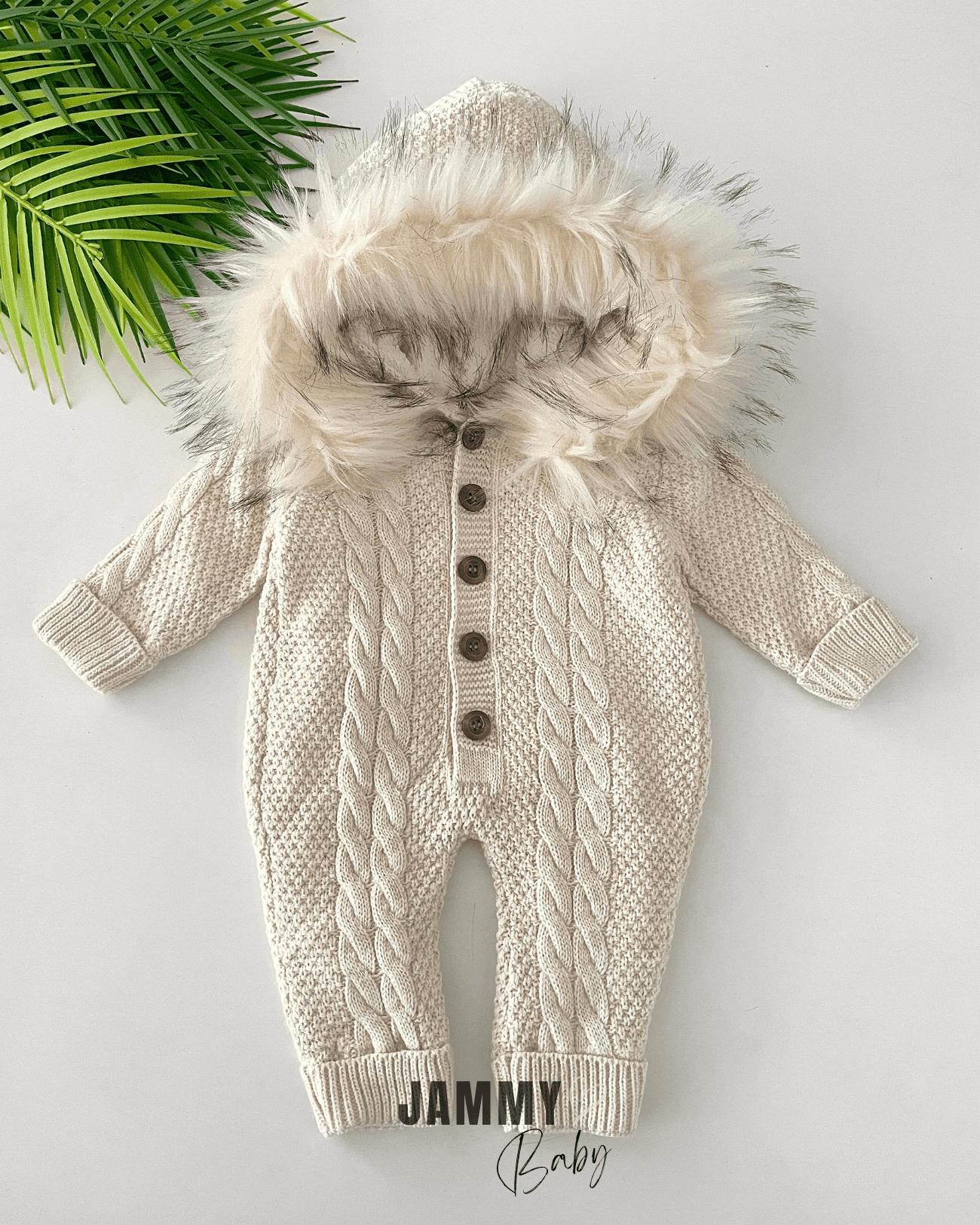 Luxury Collection Kürk Kapüşonlu Saç Örgülü Triko Tulum-BEJ