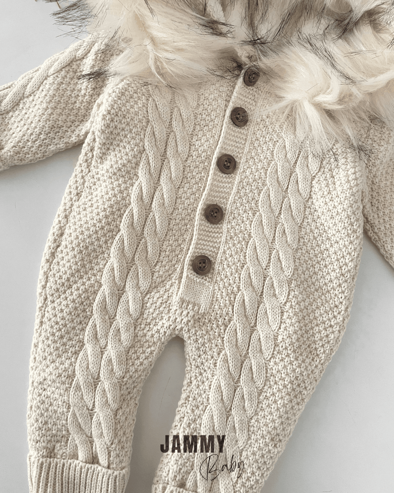 Luxury Collection Kürk Kapüşonlu Saç Örgülü Triko Tulum-BEJ