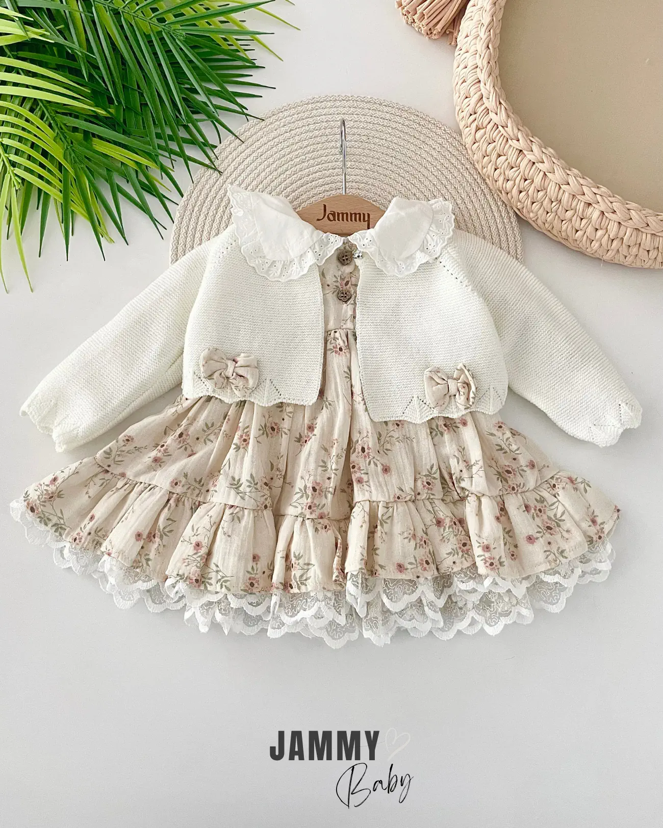 Triko Hırkalı Çiçekli Müslin Elbise Set-KREM