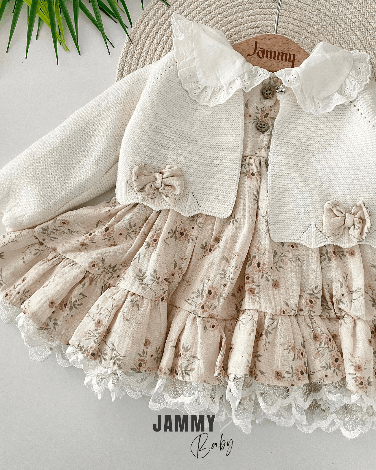 Triko Hırkalı Çiçekli Müslin Elbise Set-KREM