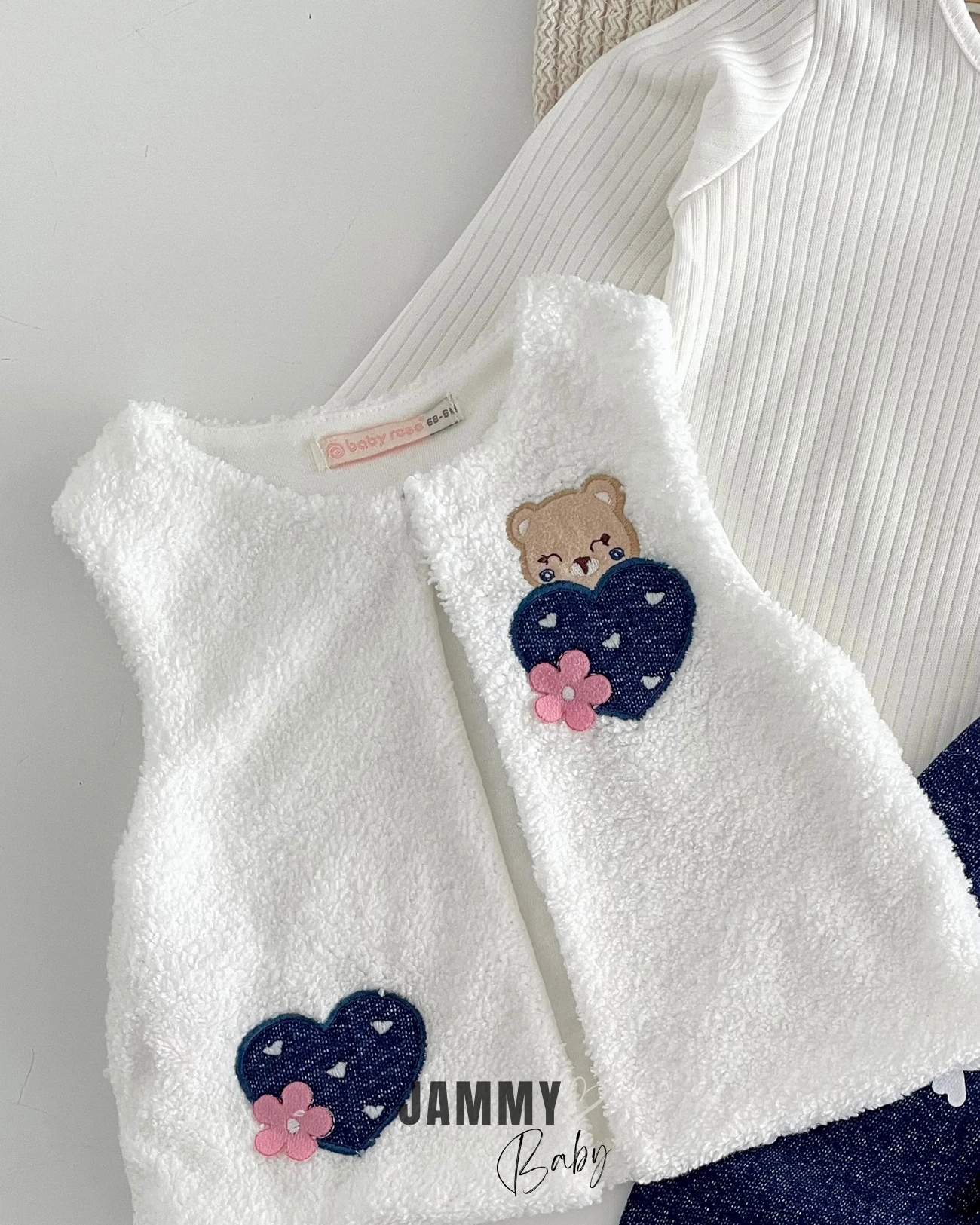 Ayıcık Peluş Yelekli /Kot Taytlı 3'lü Takım-BEYAZ