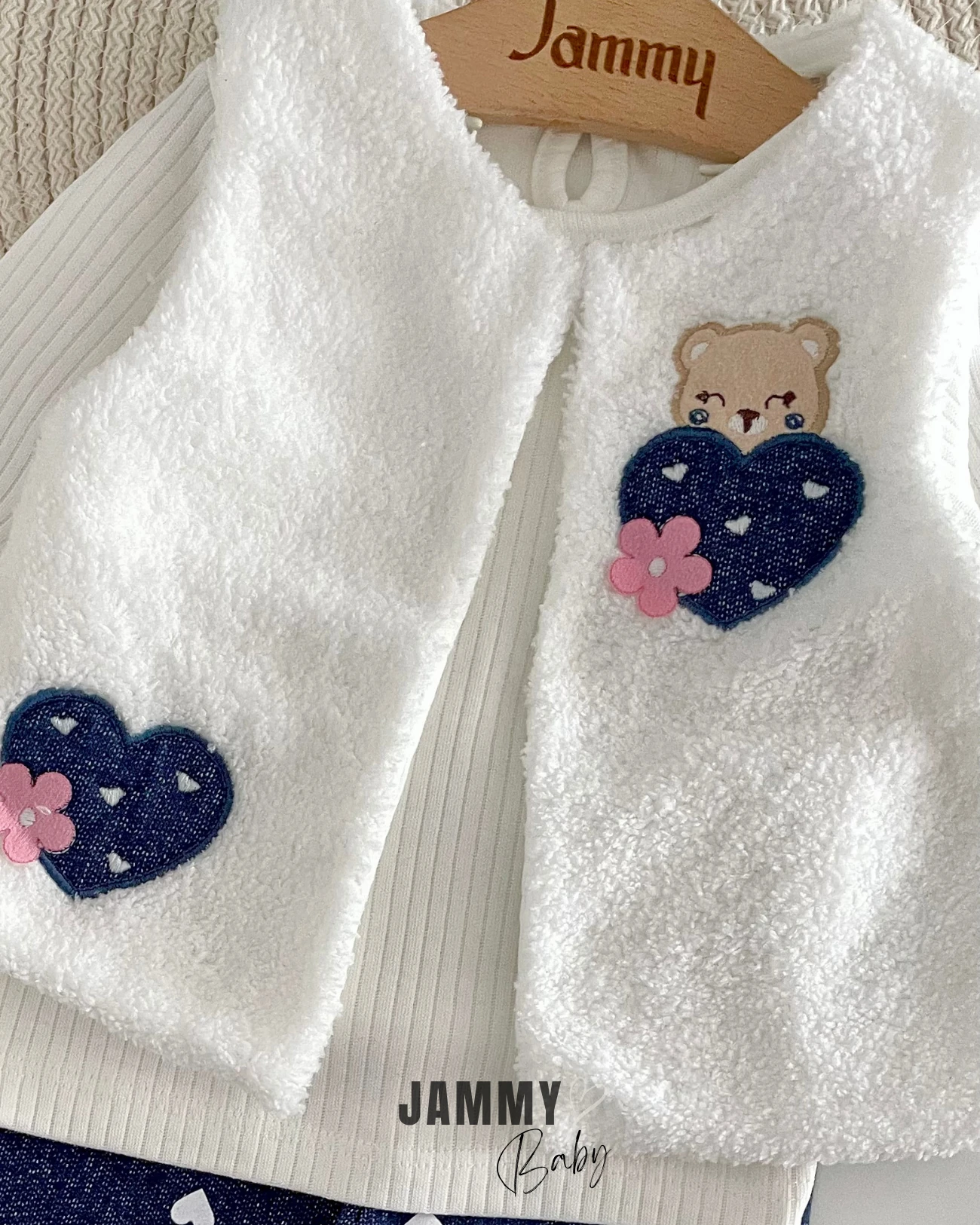 Ayıcık Peluş Yelekli /Kot Taytlı 3'lü Takım-BEYAZ