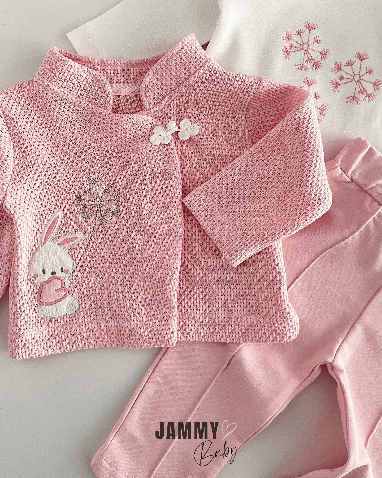 Tavşan İşlemeli Jakarlı Hırkalı 3'lü Takım-PEMBE